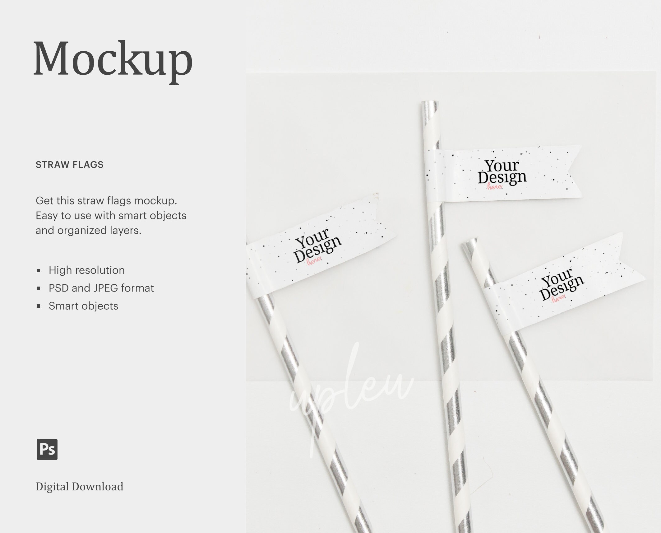 Straw Flags Mockup, Straw Flags With Pine Ornament, Styled Straw Flags Mock up | Compatible With Affinity Designer | Smart Object