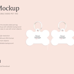 Può includere: Mockup di un'etichetta per animali domestici a doppia faccia a forma di osso. L'etichetta è bianca con il testo "Your Design" su entrambi i lati. L'etichetta è attaccata a un portachiavi argentato.
