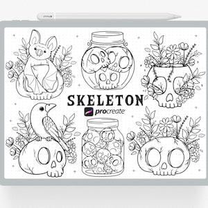 Procreate Stamps, 15 Skeleton Procreate Stamp, Cute Human Skull Brushes Illustrations, Halloween Vibe for Procreate, Digital Download