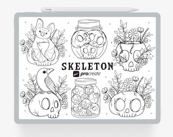 Procreate Stempel, 15 Skeleton Procreate Stempel, menschlicher Schädel, Halloween-Vibe für Procreate, digitaler Download