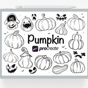 May include: A digital illustration on a tablet showing black and white pumpkin designs, including jack-o'-lantern faces and various pumpkin shapes. The word "Pumpkin" is displayed, along with the Procreate logo and a stylus.