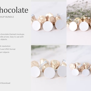 May include: Four gold chocolate kiss-shaped candies with white labels for mockup use. The candies are arranged on a white surface. The text "Chocolate Mockup Bundle" is visible at the top of the image.