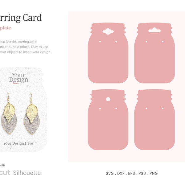 Mason Jar Shape Earring Card Template, Earring Card SVG, Hook Earring Card Holder, Earring Display SVG | Cricut Silhouette | Psd, SVG, Png