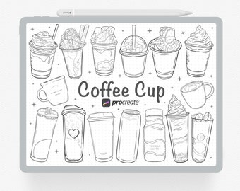 30 Coffee Cup Stamps for Procreate, Hot Coffee Brushes, Coffee Mug Stamp, Venti Cup, Grande Cup, Iced Coffee, Coffe Cup Stamp Brushes