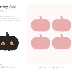 Può includere: Un download digitale di modelli di biglietti per orecchini stampabili con tre diversi design di zucca. I modelli sono compatibili con le macchine da taglio Cricut e Silhouette. Il testo "Earring Card Template" è in alto nell'immagine. Il testo "SVG, DXF, EPS, PSD, PNG, PSD" è in basso nell'immagine.