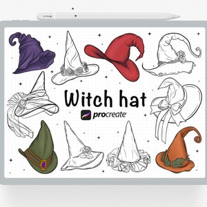 Puede incluir: Un conjunto de diez ilustraciones de sombreros de bruja en blanco y negro y en color. Los sombreros están dibujados en una variedad de estilos, incluyendo puntiagudos, de ala ancha y con diferentes adornos. El texto "Witch hat" y el logotipo de Procreate también están incluidos en la imagen.