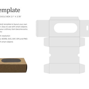 Puede incluir: Una plantilla para una caja de cakesicle, que mide 5,3 cm por 9,6 cm. La plantilla se muestra en gris claro e incluye una ventana para mostrar el cakesicle. El texto "Cakesicle Box Template 2.1" x 3.78" está impreso en el lado derecho de la plantilla.