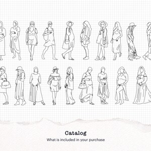 May include: Line drawing illustrations of pregnant women in various poses and outfits. The women are wearing dresses, skirts, pants, and tops. Some are wearing hats and carrying bags. The illustrations are in black and white and are set against a white background.