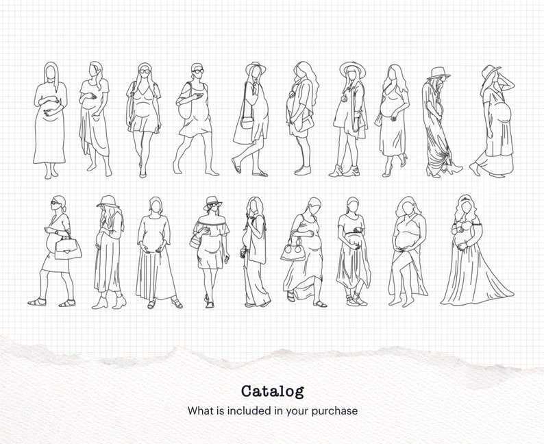 May include: Line drawing illustrations of pregnant women in various poses and outfits. The women are wearing dresses, skirts, pants, and tops. Some are wearing hats and carrying bags. The illustrations are in black and white and are set against a white background.