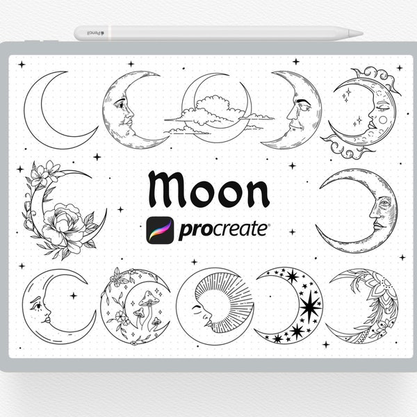 Procreate Stamps, 20 Moon Procreate Stamp, Tattoo Brush, Moons Digital Stamp, I Pad Procreate Stamp Brushes