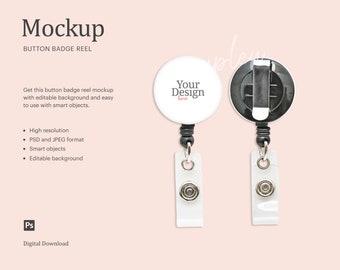Button Badge Reel Mockup, Button Badge Mockup, Retractable ID Badge Holder Mockup | Compatible With Affinity Designer - Smart Object
