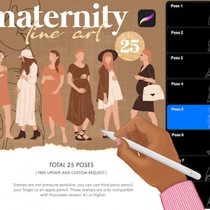 May include: A digital illustration of 25 different poses of pregnant women in various styles. The illustration is in a line art style and features a variety of clothing and accessories. The text "maternity line art" and "25" are also included in the image.