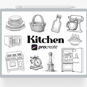Puede incluir: Dibujos en blanco y negro de artículos de cocina, que incluyen una pila de platos, una cesta, una botella, una batidora de pie, un horno de microondas, una estufa, una báscula, una chimenea, un refrigerador y una olla con llamas. También se incluye el texto "Cocina" y el logotipo de Procreate.