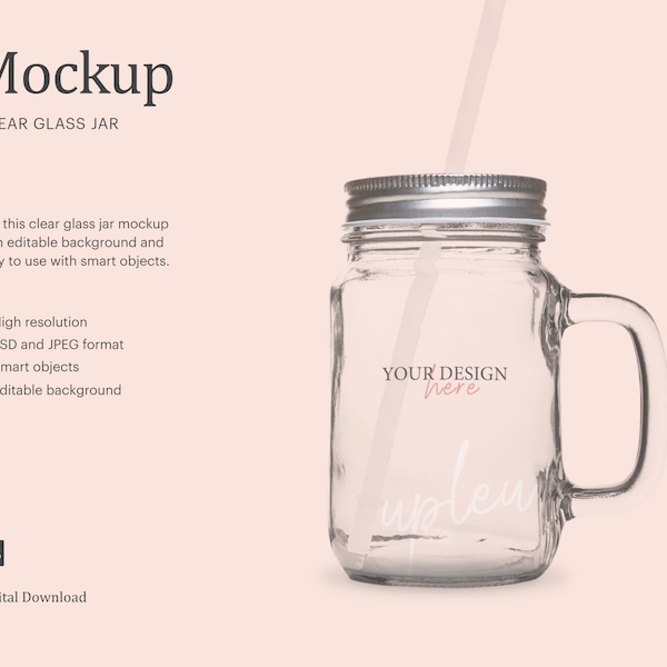 Clear Glass Jar With Lid Mock Up, Mason Jar Mock Up  With Lid, Glass Jar With Handle | Compatible With Affinity Designer - Smart Object
