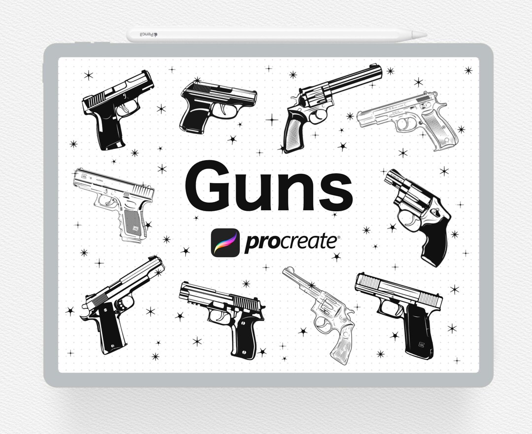 10 Guns Procreate Stamps, Handguns Brushset, Weapon Stamp Brushes