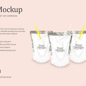 May include: A mockup featuring three Capri Sun pouches with yellow straws. Each pouch has a silver top and a white front with the text "Your Design here". The background is a light peach color. The image includes text that says "Mockup" and "3 SET OF CAPRISUN".