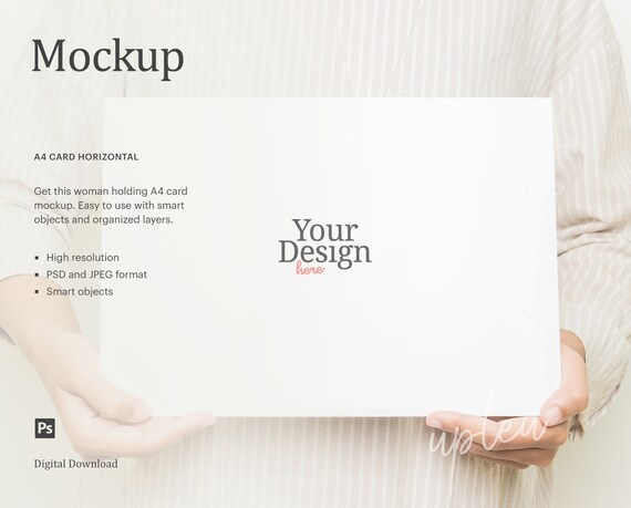 A4 Card Mockup, Model Handling Card Mockup with Stripe Shirt, A4 Card Horizontal  Mockup, Flayer Mock Up, Compatible With Affinity Designer