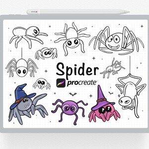 May include: A digital illustration of various cartoon spiders in black and white and color. The spiders are drawn in a cute style with big eyes and some are wearing witch hats. The text "Spider procreate" is written in the center of the image.