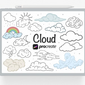 May include: A set of 15 hand-drawn cloud illustrations in black and white, with some clouds in shades of blue and gray. The illustrations are on a white background with a dotted pattern. The text "Cloud" and the Procreate logo are also included in the image.