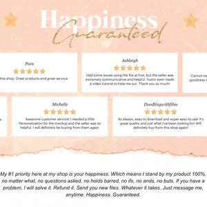 Peut inclure: Un fond rose avec le texte "Happiness Guaranteed" en blanc avec des paillettes dor&eacute;es. Cinq avis clients sont affich&eacute;s avec des &eacute;valuations cinq &eacute;toiles et des commentaires positifs sur les produits et le service de la boutique.