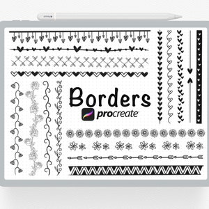 May include: A digital illustration of various black and white borders, including hearts, flowers, swirls, and geometric patterns. The text "Borders" and the Procreate logo are also included.
