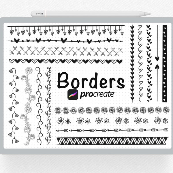 Procreate Stamps, 30 Borders Procreate Stamp, Floral Border Brush, Hearts Stamp, Jurnal Stamps, Border Procreate Stamp Brushes.