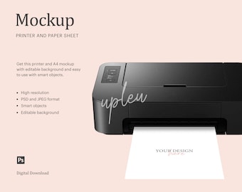 Drucker und Papierbogen Mockup, Home Drucker Mockup, Seitendruck, Drucker Mockup | Kompatibel mit Affinity Designer - Smartobjekt