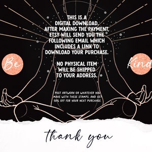 May include: A digital download graphic with a black background and a gold outline of a person sitting in a meditative pose. The text "Be Kind" is written in gold with a pink background. The text "This is a digital download. After making the payment, Etsy will send you the following email which includes a link to download your purchase. No physical item will be shipped to your address." is written in gold.