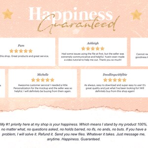 May include: A pink background with the text "Happiness Guaranteed" in white with gold glitter. Five customer reviews are displayed with five-star ratings and positive comments about the shop's products and service.