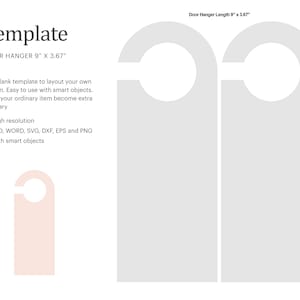 Puede incluir: Una plantilla para un colgador de puerta de 9 pulgadas por 3,67 pulgadas. La plantilla se muestra dos veces, una vez en blanco y otra en rosa claro. La plantilla incluye un recorte para un pomo de puerta. El texto "Plantilla" y "Colgador de puerta 9" x 3,67" está incluido en la imagen.