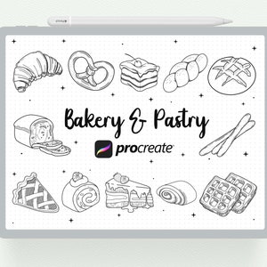 May include: A black and white illustration of various bakery and pastry items, including a croissant, pretzel, cake, bread, loaf of bread, breadsticks, pie, cake roll, and waffles. The text "Bakery & Pastry" and the logo "procreate" are also included in the image.