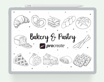 Könnte beinhalten: Eine Schwarzweißillustration verschiedener Backwaren und Gebäcks, darunter ein Croissant, ein Brezel, ein Kuchen, Brot, ein Laib Brot, Brotstäbchen, eine Torte, eine Roulade und Waffeln. Der Text "Bakery & Pastry" und das Logo "procreate" sind ebenfalls im Bild enthalten.