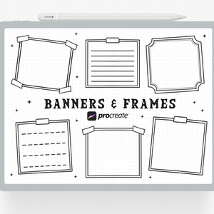 Op de afbeelding: Een digitale illustratie van banners en frames, met de tekst "Banners & Frames" en het Procreate-logo. De afbeelding toont zes verschillende frame-ontwerpen, elk omlijnd in zwart, met verschillende stijlen, waaronder getapete randen en gelijnde interieurs.