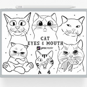 Puede incluir: Una ilustración digital en blanco y negro de seis caras de gato diferentes con diversas expresiones, incluyendo sorpresa, enfado y juguetón. La ilustración se titula "Cat Eyes & Mouth" con el logotipo de Procreate debajo del título.