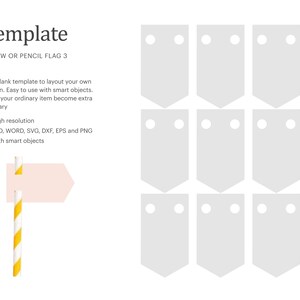 Peut inclure: Modèle imprimable pour drapeaux à paille ou à crayon. Le modèle présente neuf drapeaux gris aux coins arrondis et trois trous en haut. Le texte "Straw Or Pencil Flag Template 3" est visible sur le côté droit de l'image.