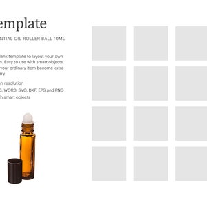 May include: Template for a 10 ml essential oil roller ball bottle. The template is in a grid format with nine squares. The image also shows a brown glass roller ball bottle with a black cap.