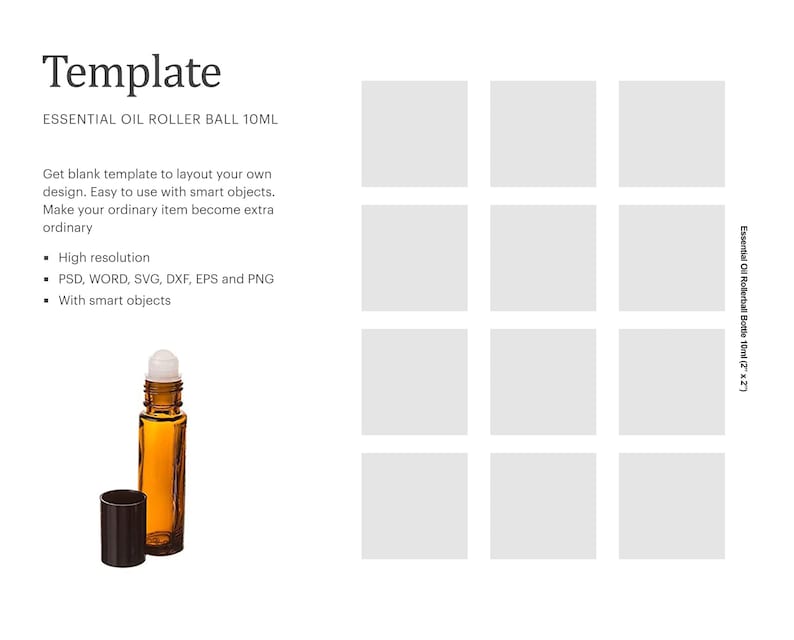May include: Template for a 10 ml essential oil roller ball bottle. The template is in a grid format with nine squares. The image also shows a brown glass roller ball bottle with a black cap.