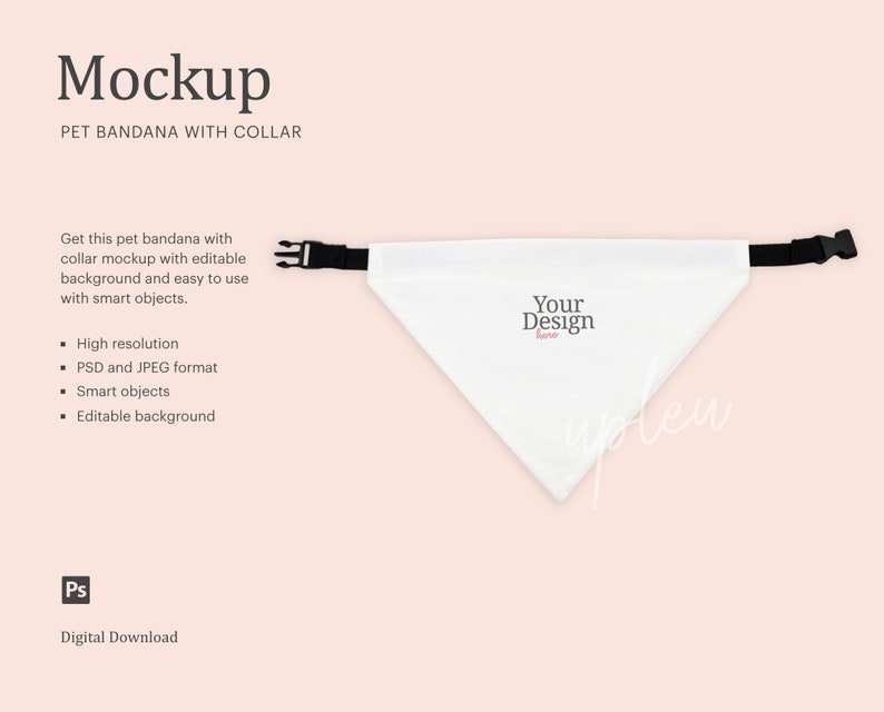 May include: White pet bandana mockup with a black adjustable collar. The bandana has a triangular shape and features the text "Your Design Here".