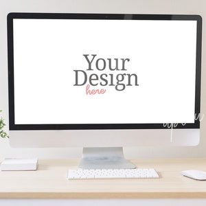 Skärmmodell, skärmmodell på skrivbord med mugg och växt, datormodell, skärmtapet kompatibel med Affinity Designer