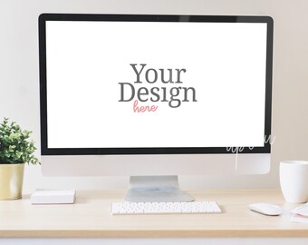 Monitor Mock Up, Monitor Mock Up On Desk With Mug And Plant, Computer Mock Up, Monitor Wallpaper Compatible With Affinity Designer
