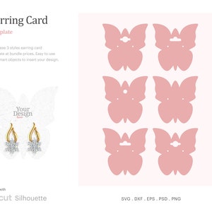 May include: Three different styles of earring card templates featuring a butterfly design. The cards are pink and have a hole for earrings. The text "Your Design" is on one of the cards.