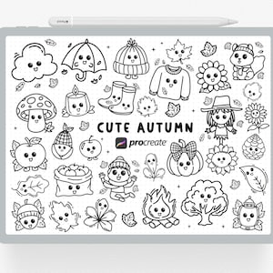 May include: A digital illustration on a tablet featuring cute autumn-themed doodles. The image includes a cloud, umbrella, hat, sweater, sunflower, squirrel, mushroom, candle, boots, leaves, apple, corn, pumpkin, and more. The text "CUTE AUTUMN" is also present.