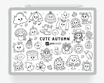 Procreate Stamps, 45 Autumn Fall Procreate Stamp, Kawaii Brush Set Design, iPad uses, Digital Download