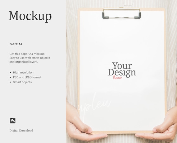 A4 Paper Mockup, Model With Stripe Shirt Holding A4 Paper Mockup on Clipboard | Smart Object | Compatible With Affinity Designer