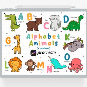 Selos Procreate, Selo Procreate de 36 animais do alfabeto, Pincéis de animais Safari para crianças, Carimbo de cartas para crianças, Download digital