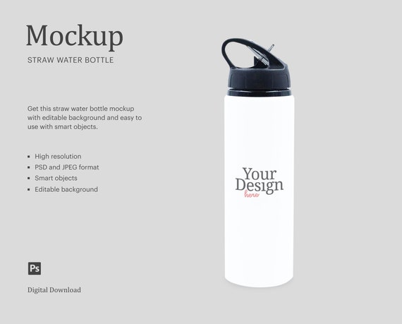 Water Bottle Mock Up, Straw Water Bottle Mock Up, Insulated Water Bottle  With Straw Mock Up, Compatible With Affinity Designer, Smart Object 