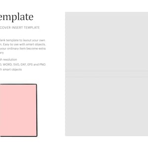 May include: A DVD cover insert template with the title "Template". The design features a pink rectangle with a black border, and a large grey area. Text details the template's features, including high resolution and smart objects.