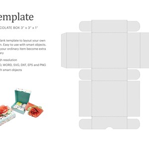 Pode incluir: Um modelo imprimível para uma caixa de chocolate de 7,6 x 7,6 x 2,5 cm. O modelo é mostrado dobrado e desdobrado. O modelo desdobrado tem linhas pontilhadas para cortar e dobrar. O modelo é etiquetado como "Caixa de chocolate 7,6 x 7,6 x 2,5 cm".