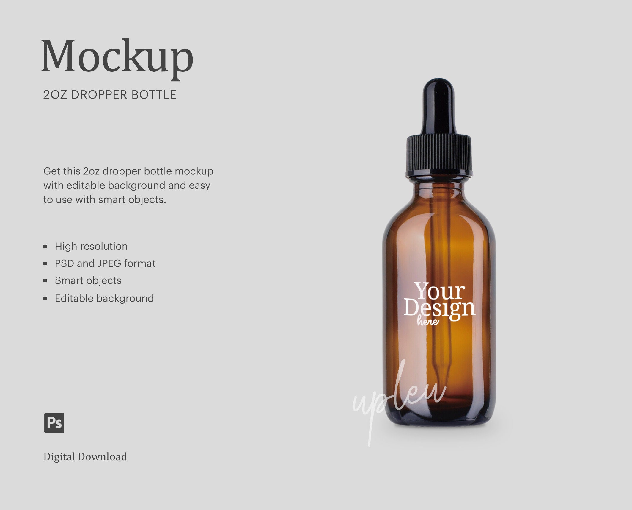 2oz Glass Dropper Bottle Mock Up, Amber Glass Dropper Bottle Mock Up,  Essential Oil Bottle Mokc Up | Editable Background - Smart Object