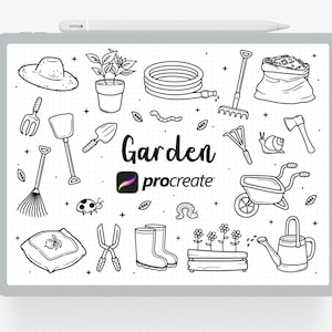 Könnte beinhalten: Schwarz-weiße Strichzeichnungen von Gartengeräten und Pflanzen. Die Illustrationen zeigen eine Harke, eine Schaufel, eine Gießkanne, eine Schubkarre, Gartenhandschuhe, eine Topfpflanze, einen Sack Erde, einen Hut, einen Schlauch und einen Blumenkasten. Der Text "Garden procreate" ist ebenfalls im Bild enthalten.